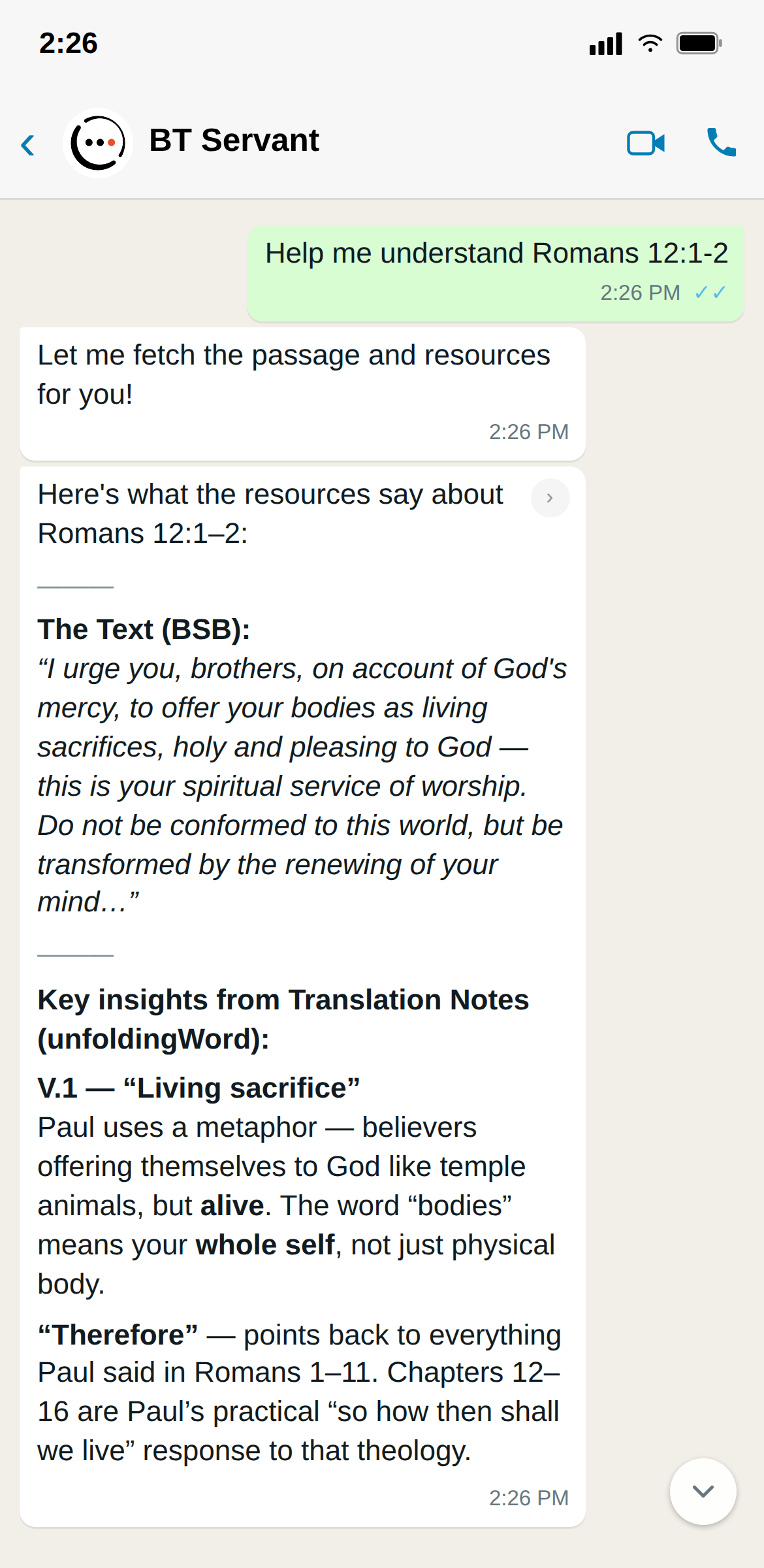 A real WhatsApp conversation with BT Servant: a user asks for help understanding Romans 12:1-2, and BT Servant replies with the passage text and translation notes.